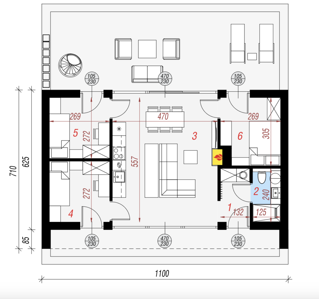 rzut domu szkieletowego 54 m2